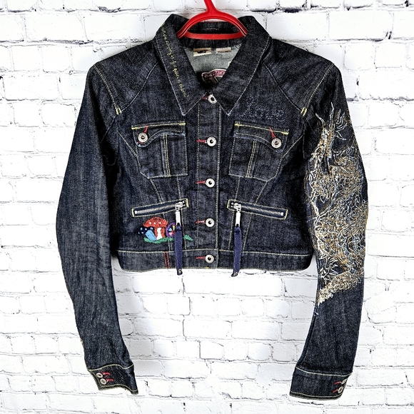 PEOPLE 4 PEACE | dark wash denim button up embroidered cropped jean jacket - Picture 1 of 8